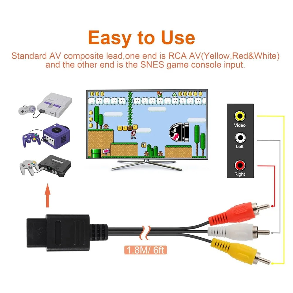 N64/Gamecube/SNES/SFC High Quality AV Cable Retro Video Game Console Accessories 1.8M/6ft TV Audio Video Composite Cable Cord