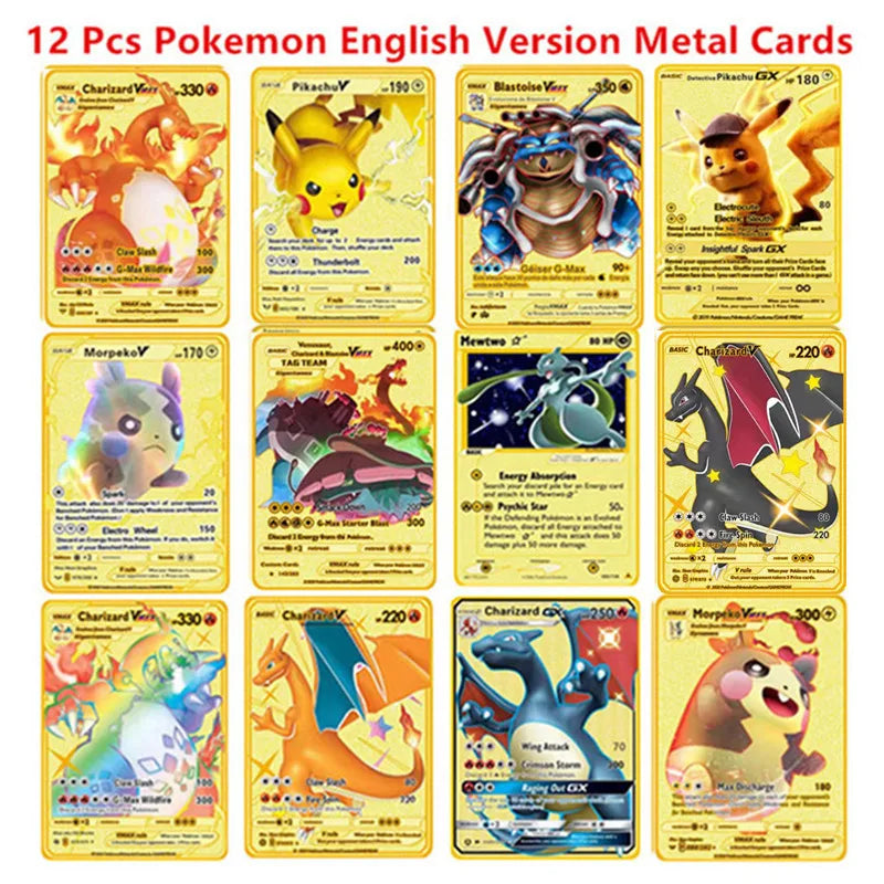 Pokemon English Metal Card Anime Pikachu Charizard Mewtwo Blastoise Vmax Shiny Letters Game Collection Card Kids Toy Gifts
