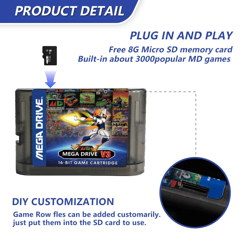 MegaDrive Genesis MD V3 Pro 3000 in 1 Game Cartridge 8GB TF Gard for SEGA Genesis Mega Drive USA/ Japan /EUR MegaDrive Console
