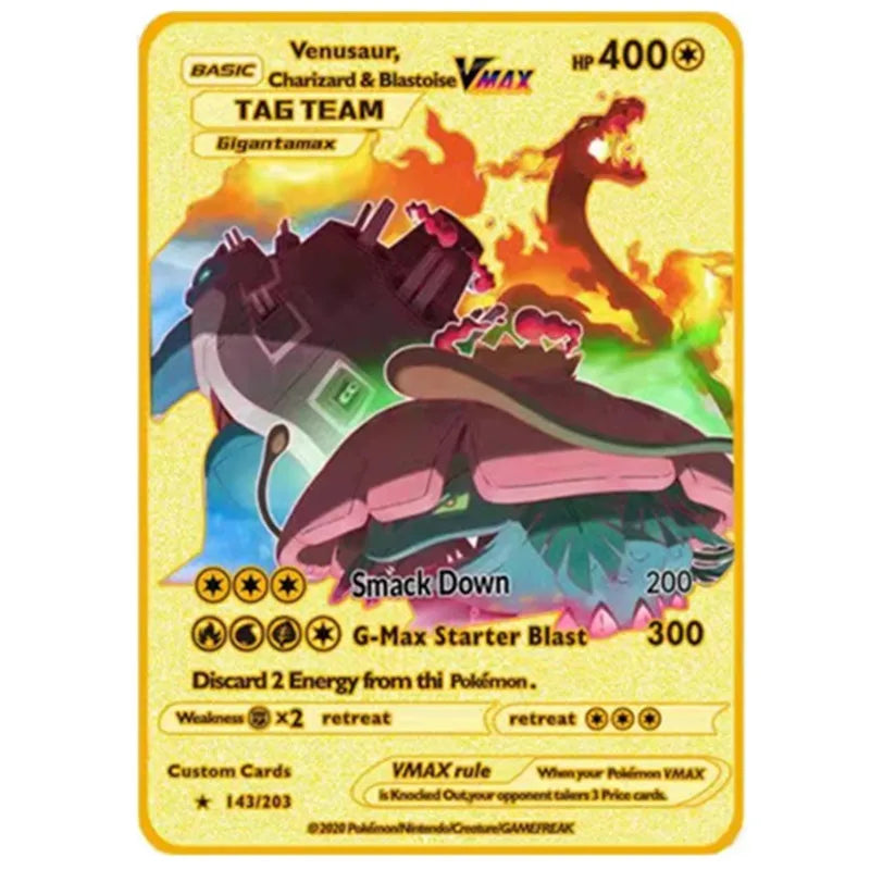 Pokemon English Metal Card Anime Pikachu Charizard Mewtwo Blastoise Vmax Shiny Letters Game Collection Card Kids Toy Gifts