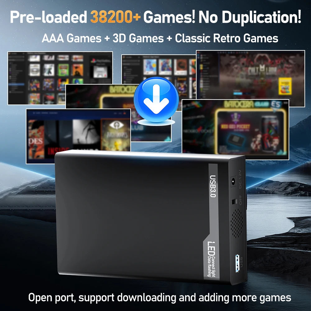 500G Retro Gaming HDD Video Game Console Retrobat&Playnite&Launchbox OS for XBOX/PS3/PS2/Switch/Wii/WiiU/DC/NES with 38200+Games