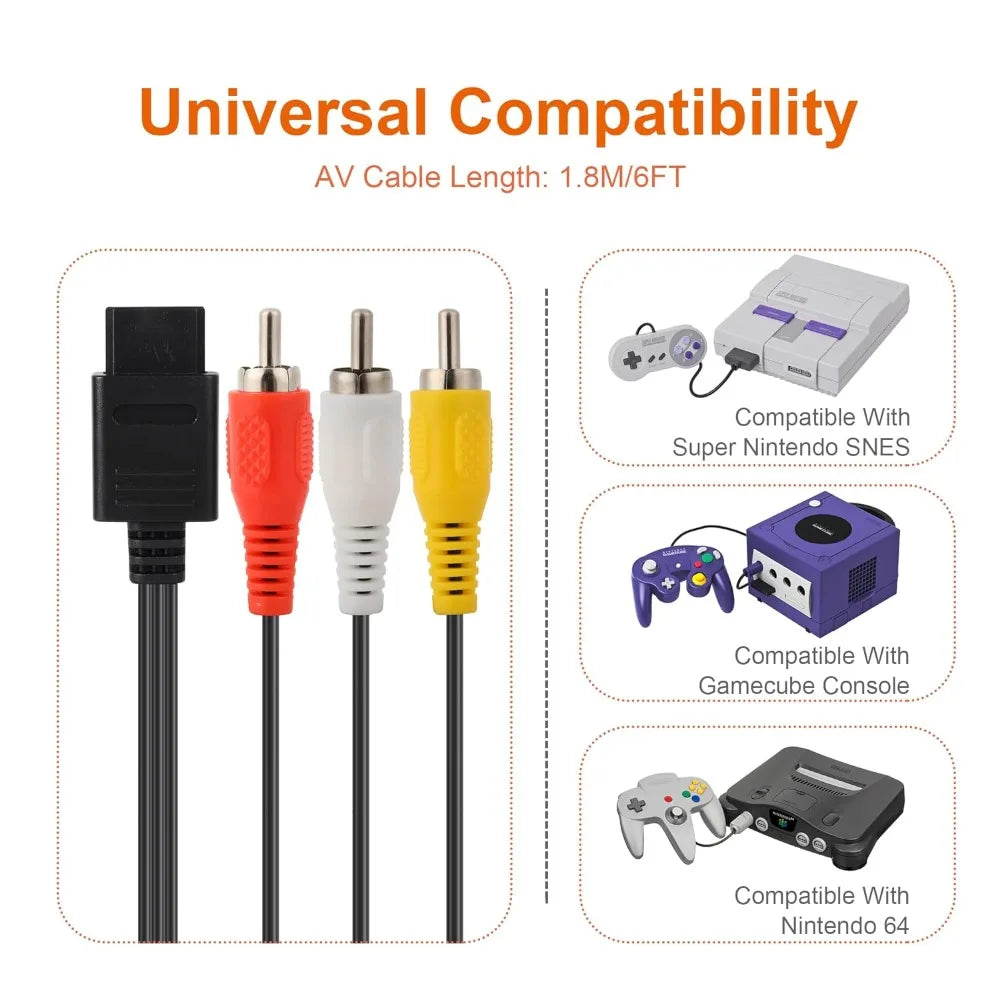 N64/Gamecube/SNES/SFC High Quality AV Cable Retro Video Game Console Accessories 1.8M/6ft TV Audio Video Composite Cable Cord