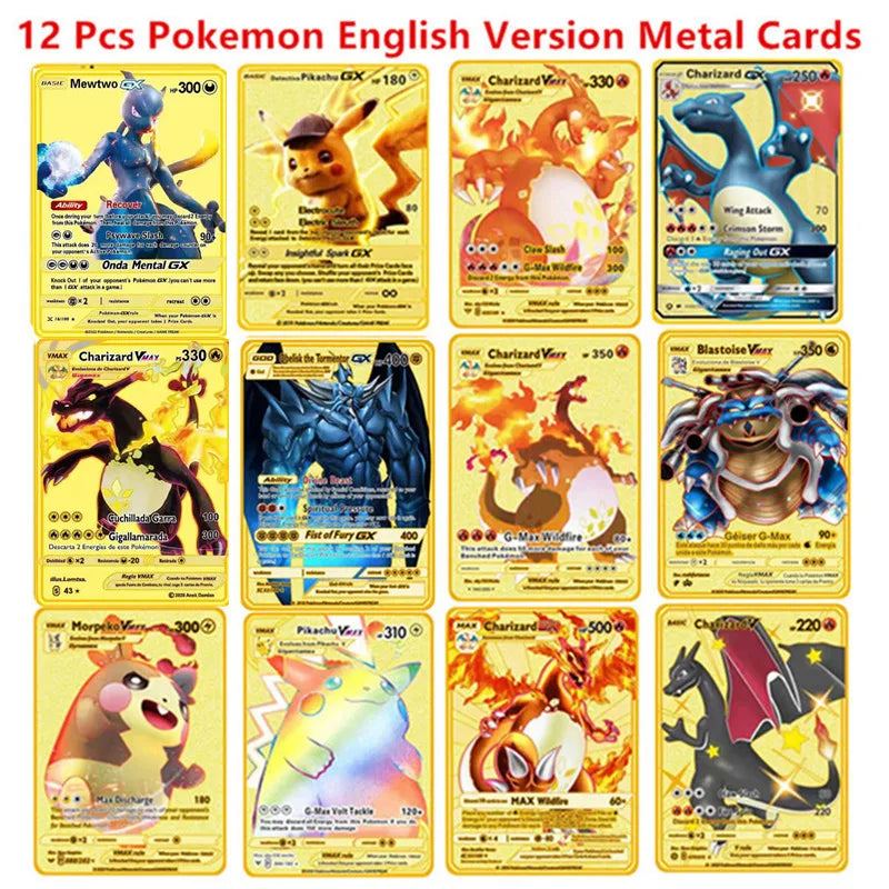 Pokemon English Metal Card Anime Pikachu Charizard Mewtwo Blastoise Vmax Shiny Letters Game Collection Card Kids Toy Gifts