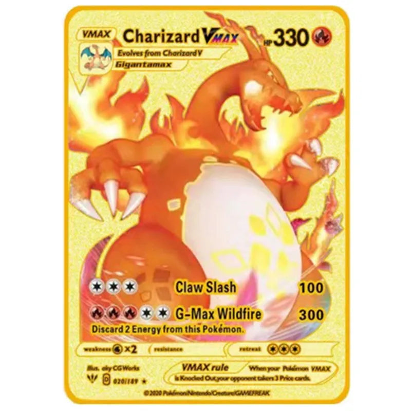 Pokemon English Metal Card Anime Pikachu Charizard Mewtwo Blastoise Vmax Shiny Letters Game Collection Card Kids Toy Gifts