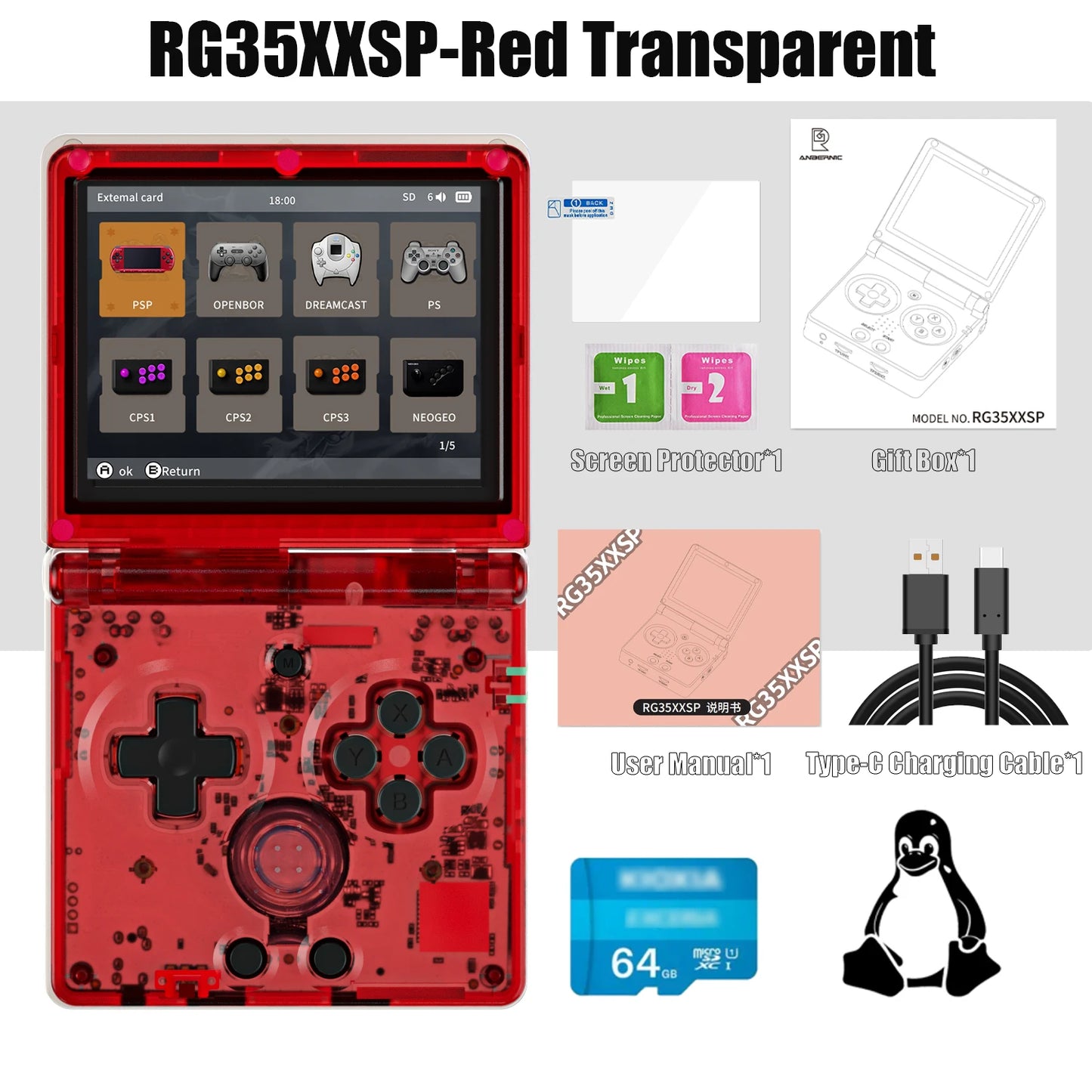 ANBERNIC RG35XXSP Retro Handheld Game Console 3.5-inch IPS Screen 3300mAh Battery Supports HDMI-TV Out and Bluetooth 4.2 5K Game