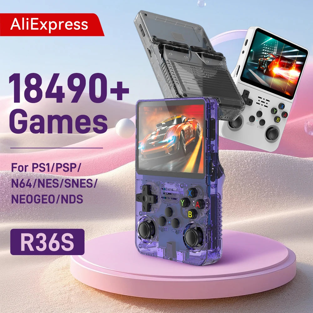 New R36S Retro Handheld Game Console 3.5 HD Screen with 18494 Games Emulators for PS1/PSP/N64/NES/SNES Dual 3D Joystick for Gift
