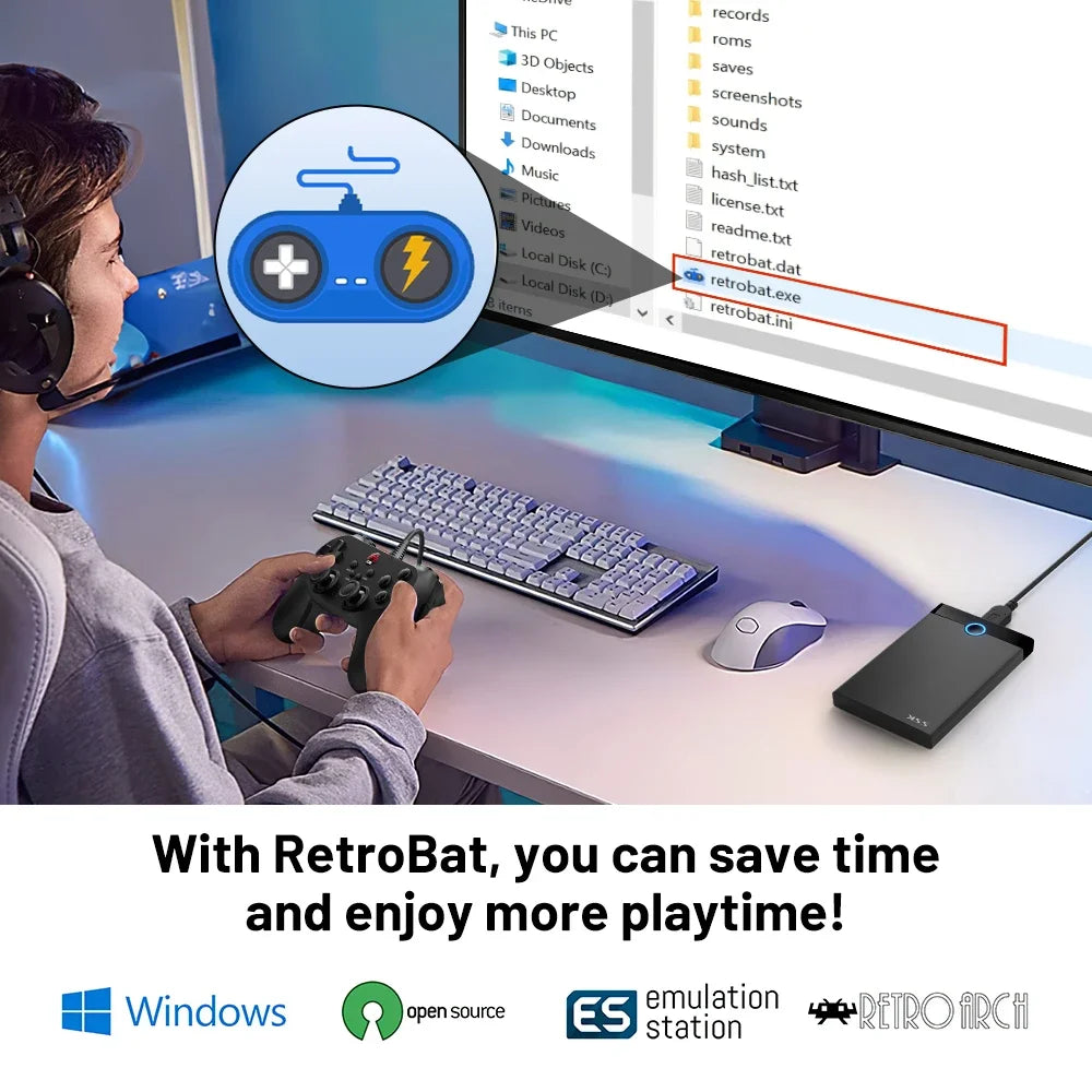 Super Console Retrobat Gaming HDD 60000+ Retro Video Games Emulators for PS2/PS1/PSP/DC/SS/MAME Plug and Play for PC Kid Gift