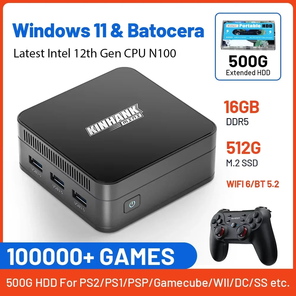 Super Console KP100 Mini PC Intel N100 16GB DDR5 & 512G SSD Batocera 100000+ Retro Games For PS3/PS2/PS1/PSP/Gamecube/WII/DC/SS