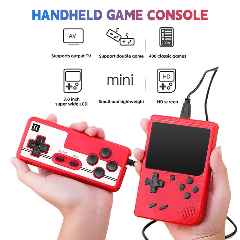 Red Mini Handheld Game Console 400 in 1 Retro Arcade Games Portable 8-Bit TV Connection 3.0 Inch LCD Kids Gift Toy