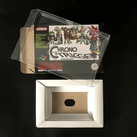 Reproduction Game Retail Box + White Inner lining + Plastic Protective Box For 16 Bit SNES Game Cartridge Card (No Game Card)