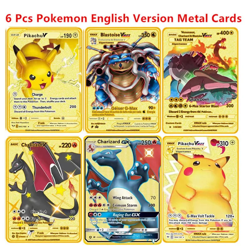 Pokemon English Metal Card Anime Pikachu Charizard Mewtwo Blastoise Vmax Shiny Letters Game Collection Card Kids Toy Gifts