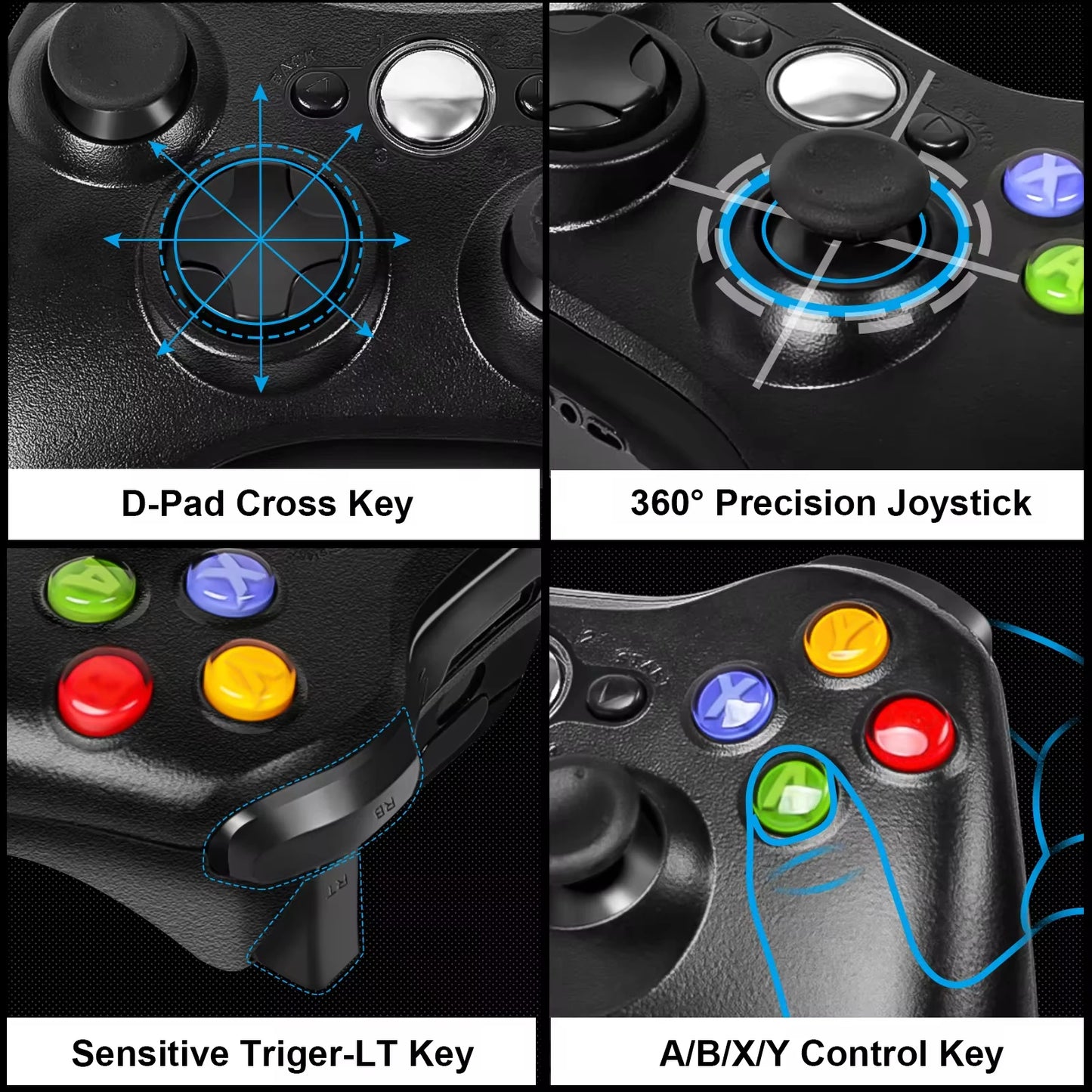 2.4G Wireless/wired Controller For Xbox 360 Game Controller with Dual-Vibration Turbo Compatible Xbox 360/360 Slim and PC Window