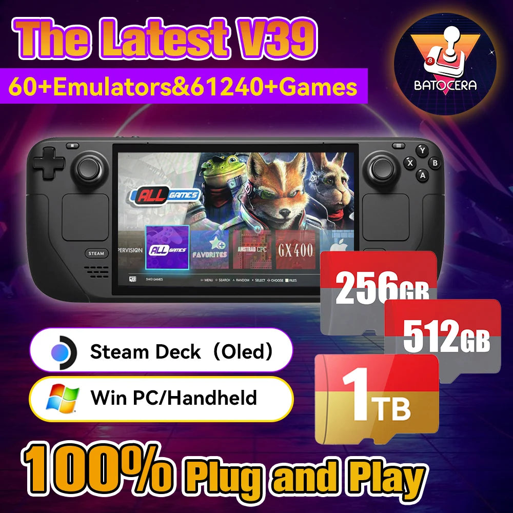 Batocera TF/Game Card for Steam Deck/Windows PC/MAC/Handheld Game Console for PS3/PS2/SS/PS1/PSP/DC/MAME 70+Emulators&61240+Game