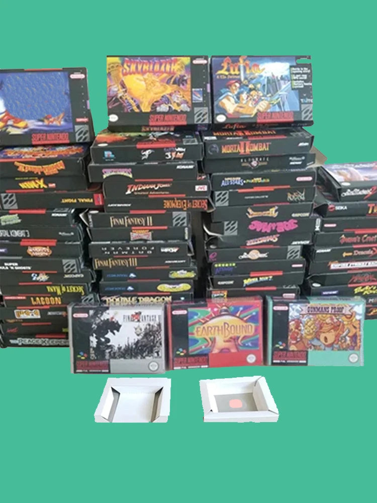 Reproduction Game Retail Box + White Inner lining + Plastic Protective Box For 16 Bit SNES Game Cartridge Card (No Game Card)