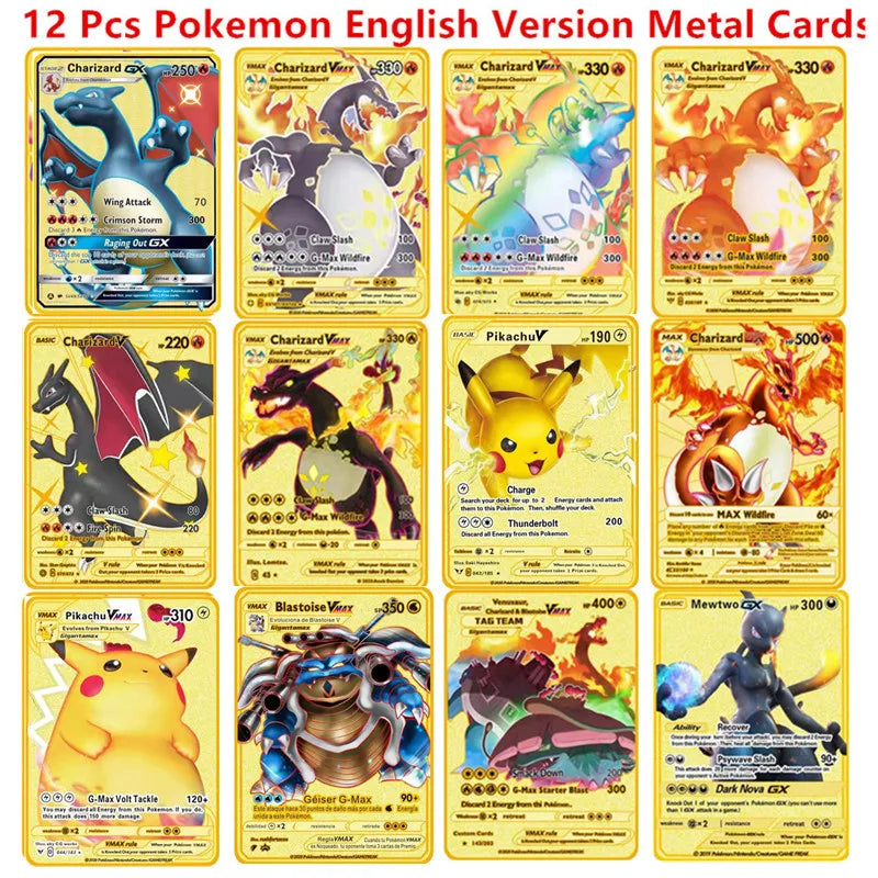 Pokemon English Metal Card Anime Pikachu Charizard Mewtwo Blastoise Vmax Shiny Letters Game Collection Card Kids Toy Gifts