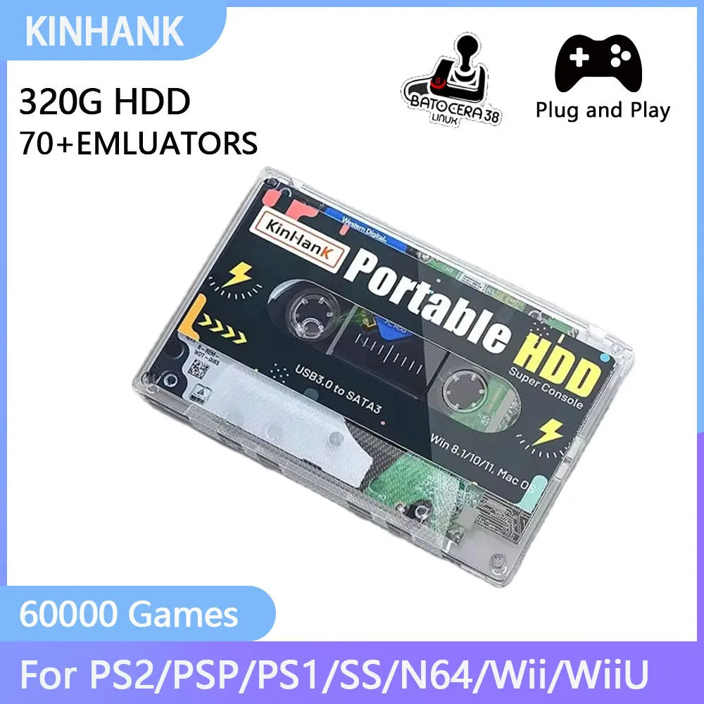 Kinhank Portable External Game HDD Batocera38 320G Hard Drive For PS2/PSP/PS1/SS/N64/Wii/WiiU with 60000 Retro Video Game