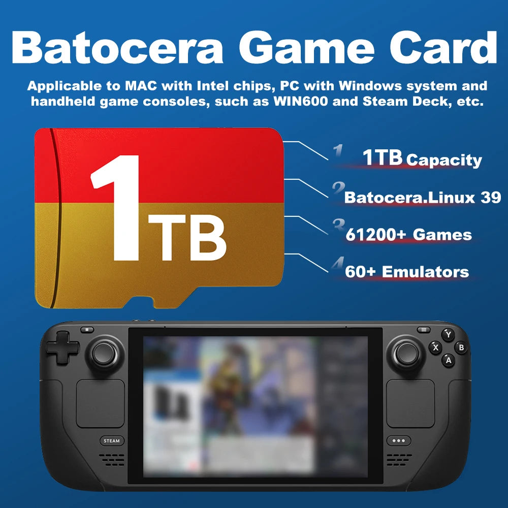 1TB Game TF Card for Steam Deck/Wins Handheld Latest Batocera 39 OS Retro Game Console with 61200 Games for PS3/PS2/PS1/PSP/MAME