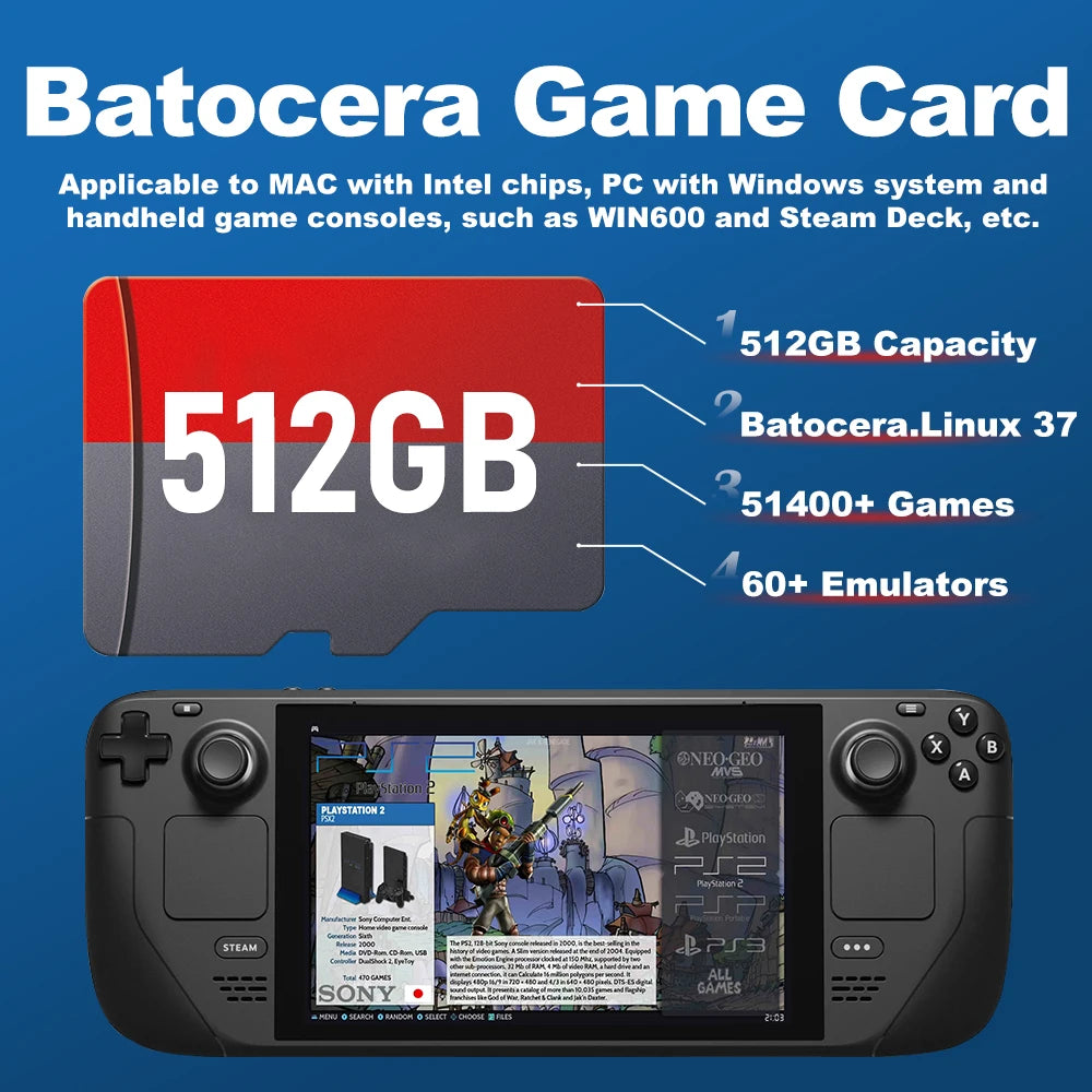 Game Card for Steam Deck/Windows Handheld Latest Batocera 37 System Plug & Play 51400+ Retro Games for PS3/PS2/PS1/PSP/MAME/N64