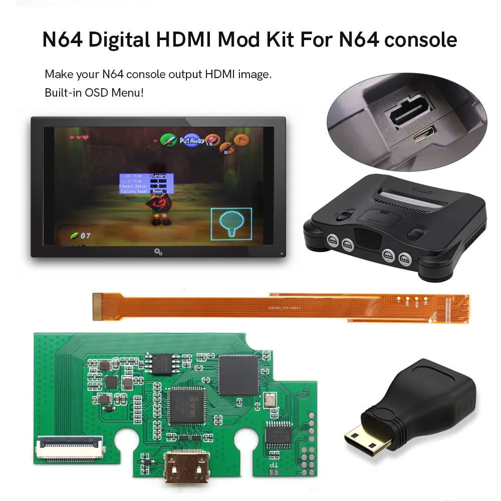 HISPEEDIDO For N64 Digital HDMI Mod Kits Transfer Port PCB Sets Support Play Games on TV, Game Console Spares 3 Aspect Ratio