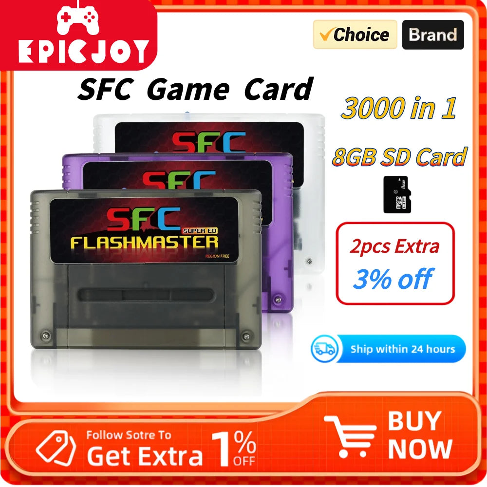 Super SFC Game Card 3000 in 1 With 8GB TF Card For Nintendo SNES SFC Game Console Compatible With original US,EU&JP Consoles