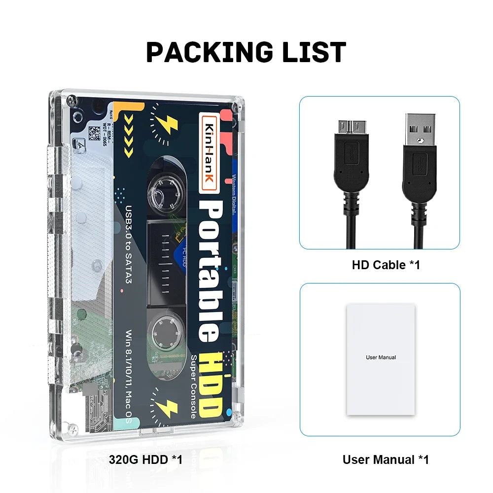 Kinhank Portable External Game HDD Batocera38 320G Hard Drive For PS2/PSP/PS1/SS/N64/Wii/WiiU with 60000 Retro Video Game