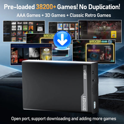 500G Retro Gaming HDD Video Game Console Retrobat＆Playnite＆Launchbox OS for XBOX/PS3/PS2/Switch/Wii/WiiU/DC/NES with 38200+Games