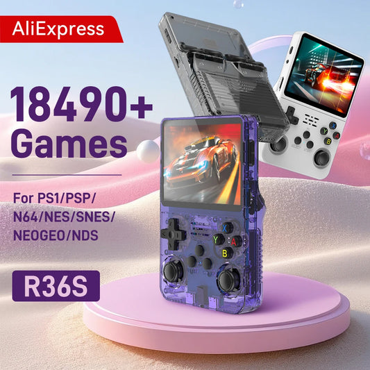 New R36S Retro Handheld Game Console 3.5 HD Screen with 18494 Games Emulators for PS1/PSP/N64/NES/SNES Dual 3D Joystick for Gift