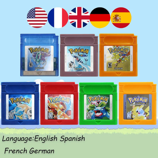 GBC Pokemon Cartridge Bundle Red/Blue/Crystal/Gold/Silver/Yellow/Green with Multi-Language