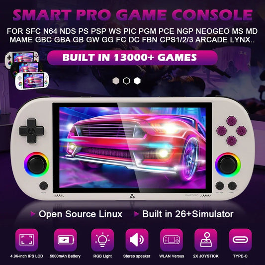 64G 128G 256G Portable Handheld Video Game Console 4.96'' IPS Screen Joystick RGB Lighting Smart Pro Retro Handheld Game Player