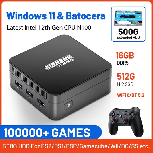 Super Console KP100 Mini PC Intel N100 16GB DDR5 & 512G SSD Batocera 100000+ Retro Games For PS3/PS2/PS1/PSP/Gamecube/WII/DC/SS